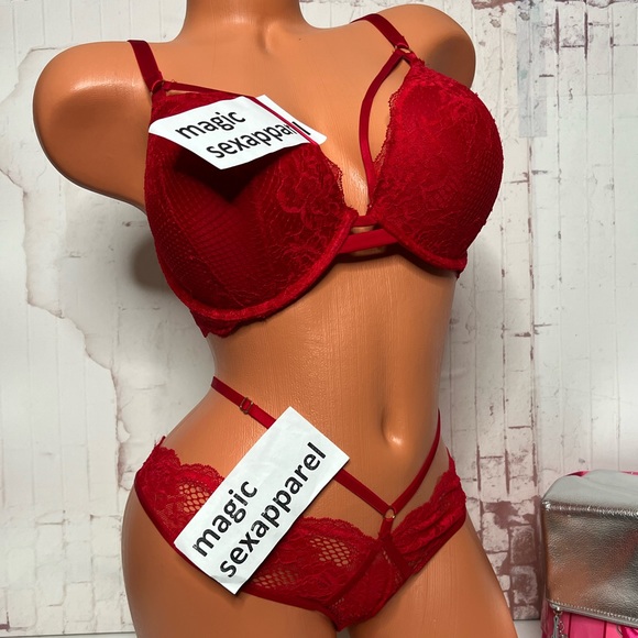 VS 36D 36DD BRA XL PANTY SET PUSH-UP STRAPPY CAGED CUT OUT RINGS ADJUSTABLE RED - Picture 1 of 2